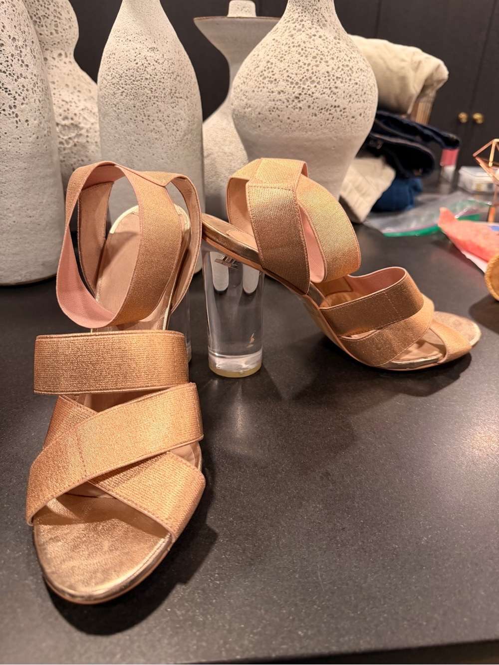 Women's Rose Gold Strappy Block Heel Sandals with Lucite heel